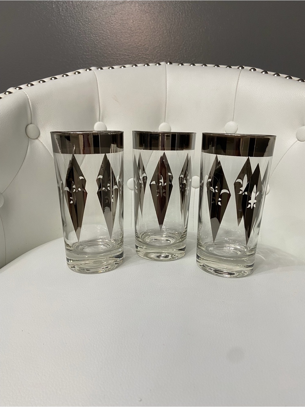 Vintage MCM Dorothy Thorpe SILVER Fleur De Lis Diamond Highball Glasses Set of 3